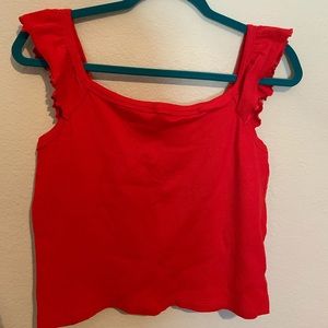 Red ribbed crop top with ruffle straps